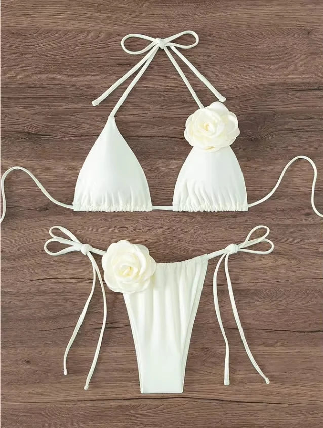 S-l sexy 3d flores halter tiras biquíni feminino maiô de duas peças conjunto de biquíni banhista natação