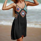 2025 crochê malha emenda padrão colorido v pescoço túnica beach wear oco bikini cobrir vestido beach wear sarong maiô