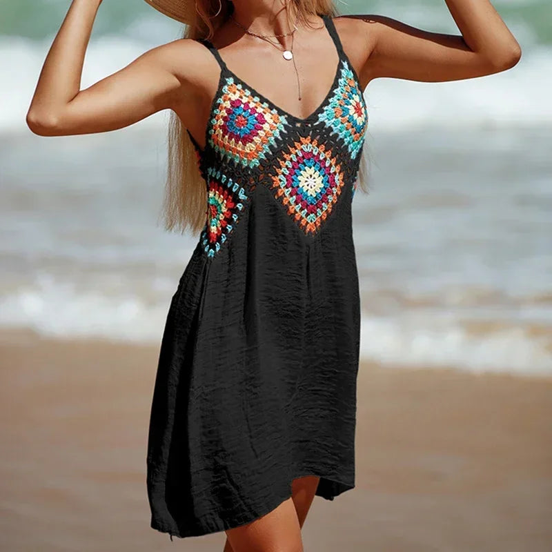 2025 crochê malha emenda padrão colorido v pescoço túnica beach wear oco bikini cobrir vestido beach wear sarong maiô