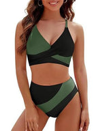 Feminino 2 peças conjunto de biquíni retalhos com decote em v sem mangas tops tanga bottoms praia maiô para mulher