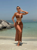 Vintage branco maiô feminino metal ostra fivela push up malha saia longa 3 peça conjunto de biquíni 2025 férias maiô