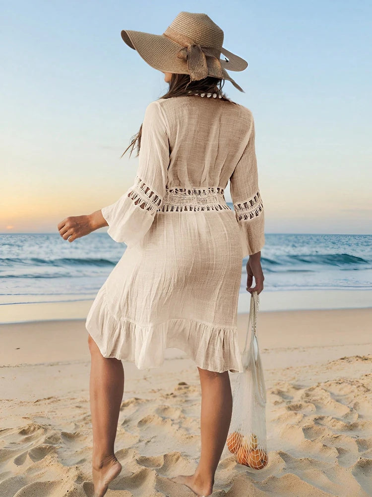 Verão crochê boho praia maiô bikini cobrir rendas hairball blusa longa oco para fora aberto frente cover-up espanador quimono