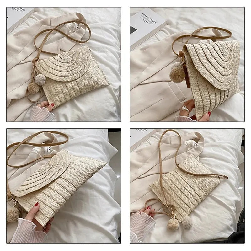Bolsa de ombro crossbody de palha artesanal para meninas envelope tecido verão pequena bola de cabelo cluth