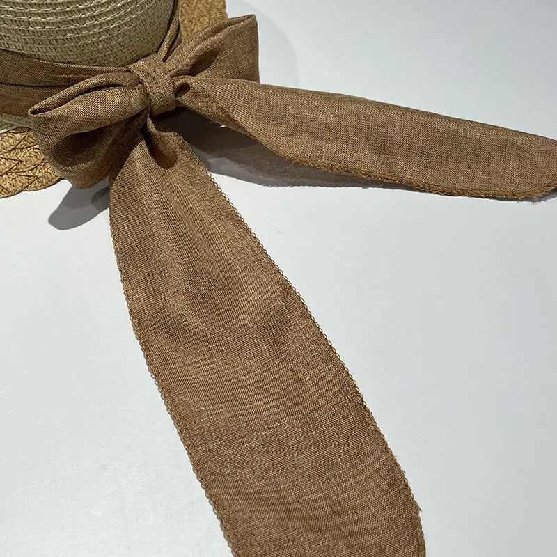 2025 verão feminino grande arco chapéu de palha portátil dobrável férias praia viseiras de sol mão tecido cor sólida feminino pára-sol bonnet boné