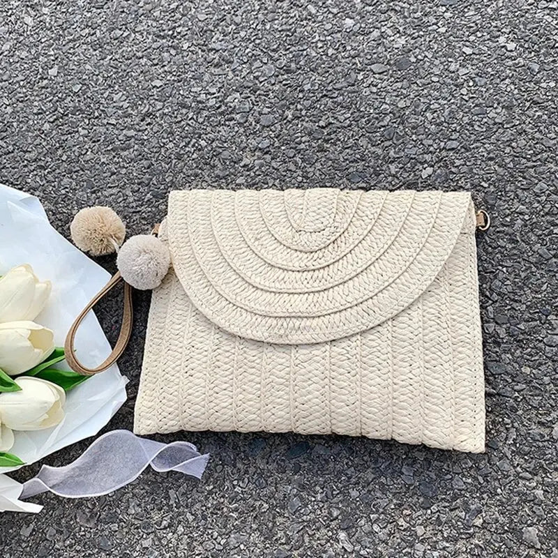 Bolsa de ombro crossbody de palha artesanal para meninas envelope tecido verão pequena bola de cabelo cluth