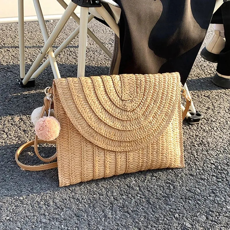 Bolsa de ombro crossbody de palha artesanal para meninas envelope tecido verão pequena bola de cabelo cluth