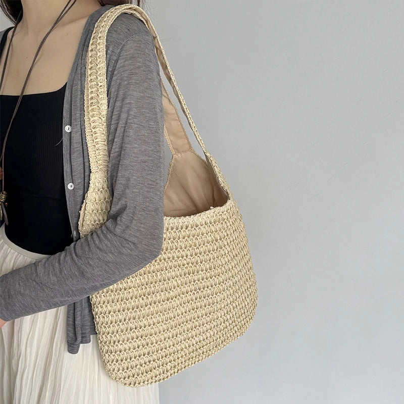 Moda rattan mulheres sacos de ombro tecido bolsas femininas grande capacidade verão praia sacos palha casual tote bolsas