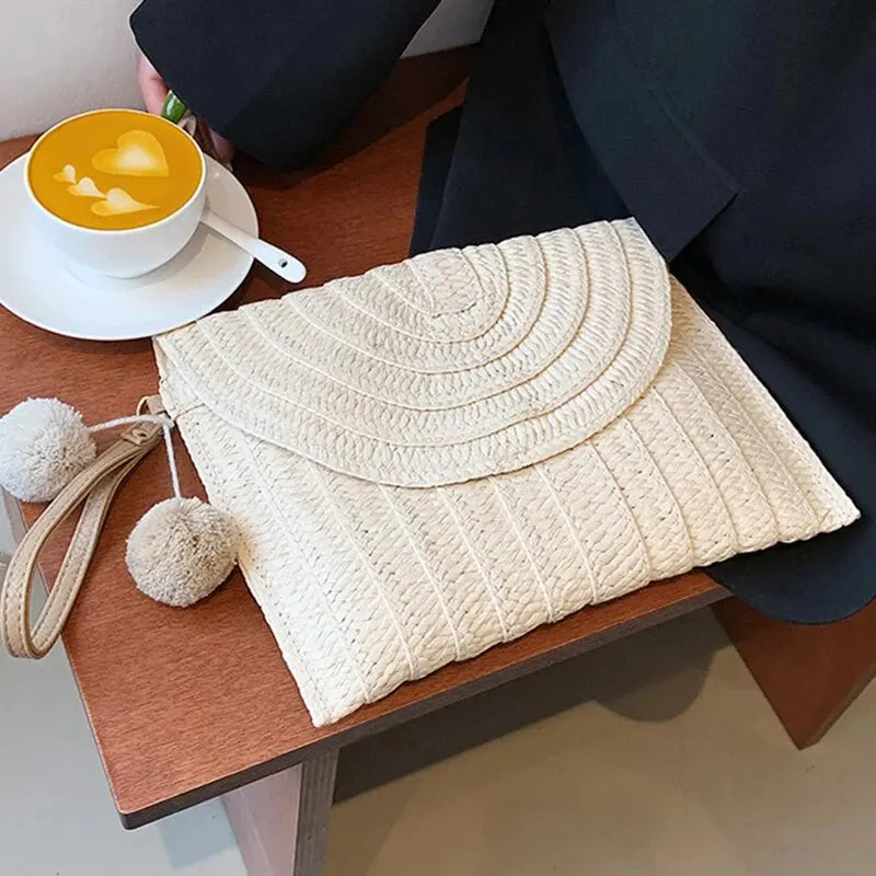 Bolsa de ombro crossbody de palha artesanal para meninas envelope tecido verão pequena bola de cabelo cluth
