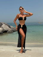 Vintage branco maiô feminino metal ostra fivela push up malha saia longa 3 peça conjunto de biquíni 2025 férias maiô