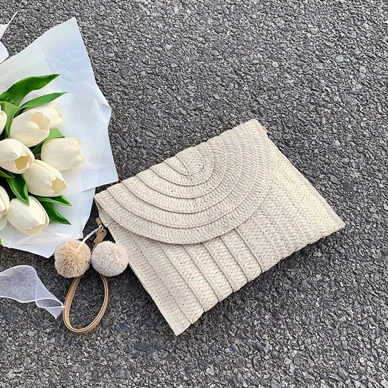 Bolsa de ombro crossbody de palha artesanal para meninas envelope tecido verão pequena bola de cabelo cluth