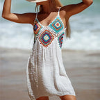 2025 crochê malha emenda padrão colorido v pescoço túnica beach wear oco bikini cobrir vestido beach wear sarong maiô