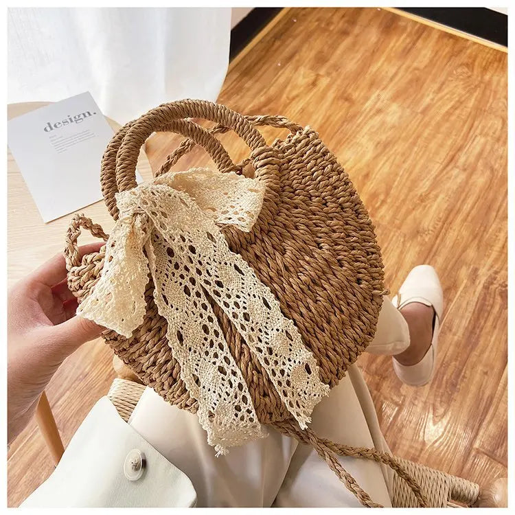 Saco de palha tecido à mão das mulheres, lua-forma, laço, rattan, grande capacidade, cordão, casual, praia, ombro, crossbody