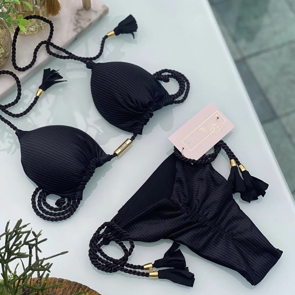 Conjunto de biquíni bandagem ajustável feminino, trajes de banho sexy, maiô monocromático triângulo, moda praia feminina, verão, 2023