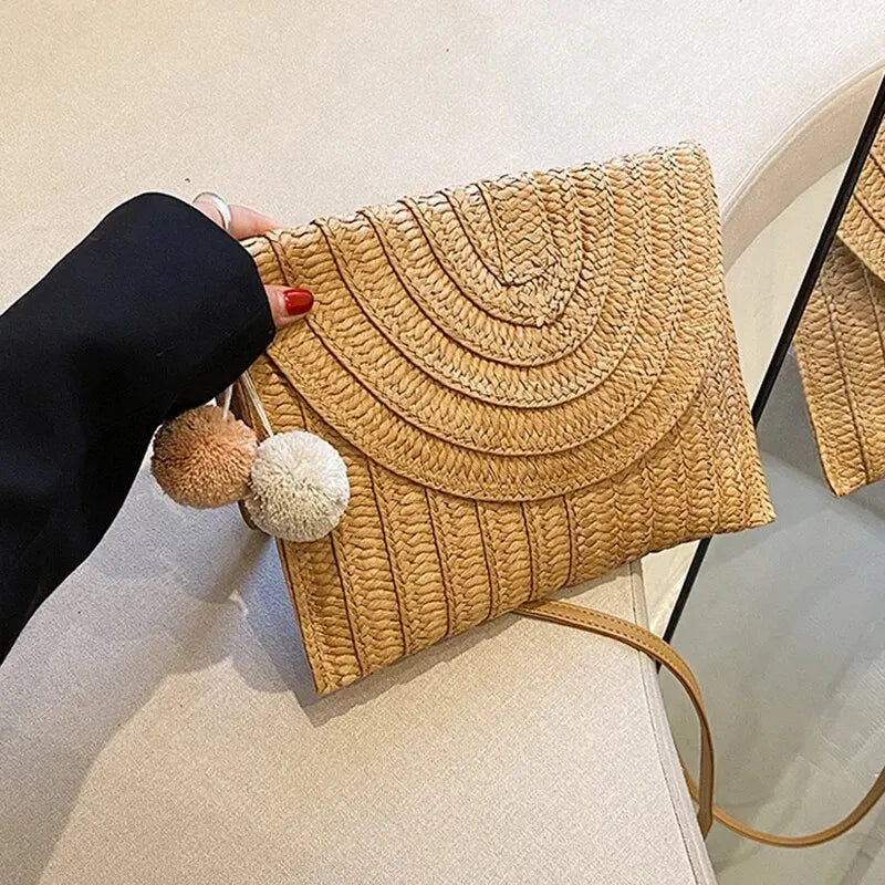 Bolsa de ombro crossbody de palha artesanal para meninas envelope tecido verão pequena bola de cabelo cluth