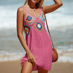 2025 crochê malha emenda padrão colorido v pescoço túnica beach wear oco bikini cobrir vestido beach wear sarong maiô
