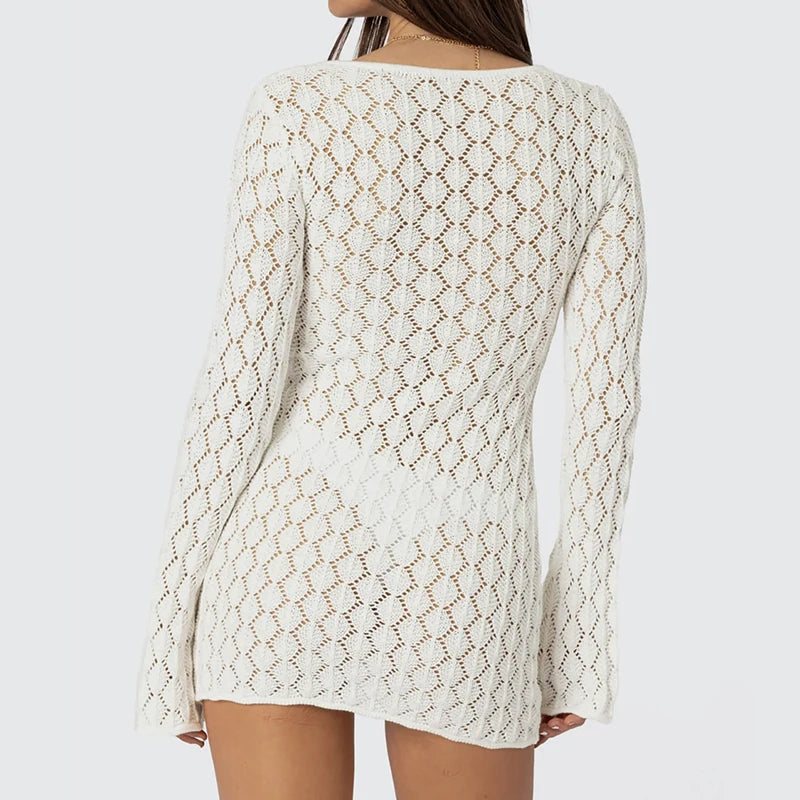 Novo estilo de malha cor sólida vestido de manga longa sexy oco para fora magro-ajuste beachwear cobrir praia férias roupas de proteção solar