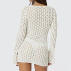 Novo estilo de malha cor sólida vestido de manga longa sexy oco para fora magro-ajuste beachwear cobrir praia férias roupas de proteção solar