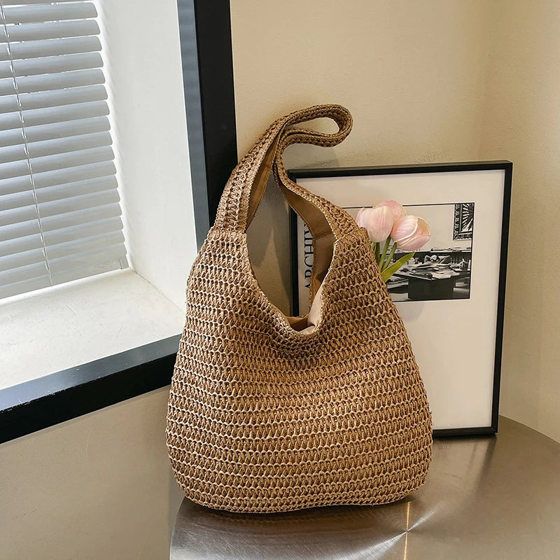 Moda rattan mulheres sacos de ombro tecido bolsas femininas grande capacidade verão praia sacos palha casual tote bolsas