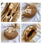 Saco de palha tecido à mão das mulheres, lua-forma, laço, rattan, grande capacidade, cordão, casual, praia, ombro, crossbody